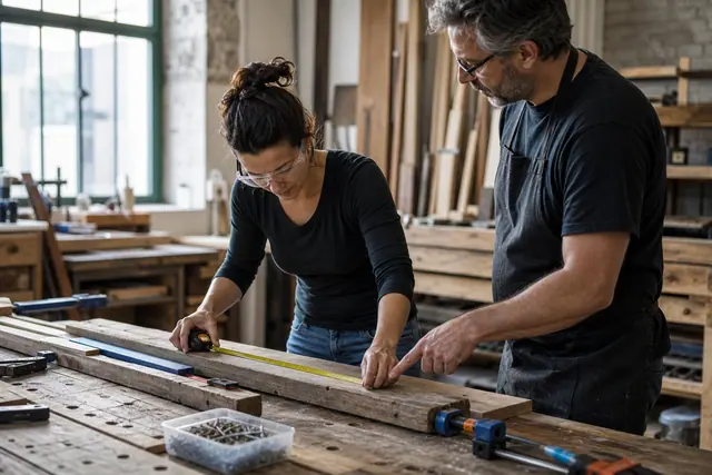 Débutante mesurant une planche dans un atelier partagé avec un animateur.