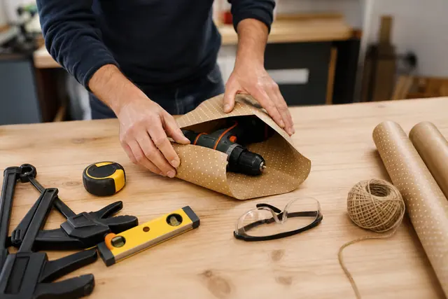 Outils de bricolage et protections prêts à être emballés sur un établi.