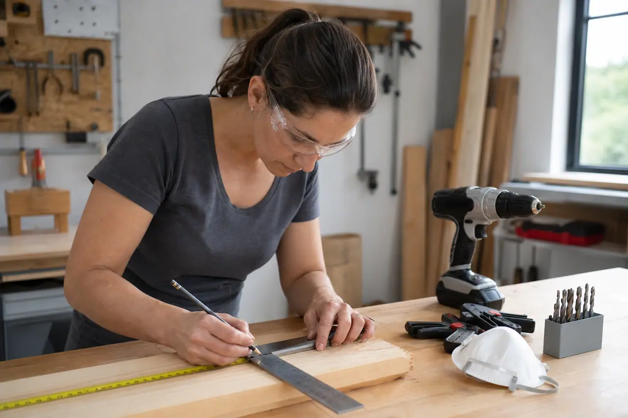 Débutante mesurant une chute de bois sur établi avec lunettes de protection