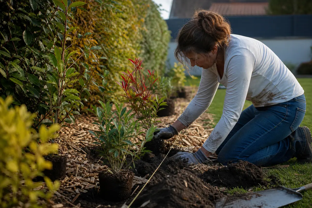 Jardinière plantant plusieurs arbustes pour former une haie diversifiée le long d’une clôture.