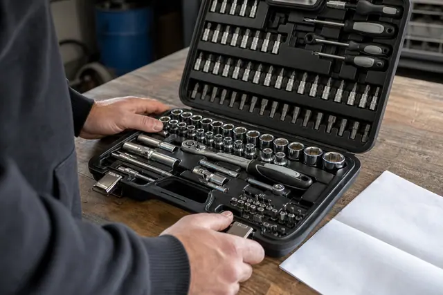 Coffret d’outils ouvert avec douilles et embouts rangés dans une mallette.
