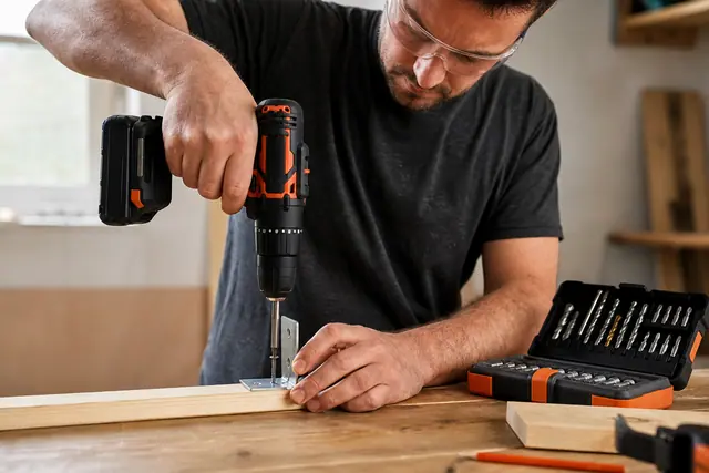 Perceuse-visseuse sans fil utilisée pour fixer une équerre sur un tasseau en bois.