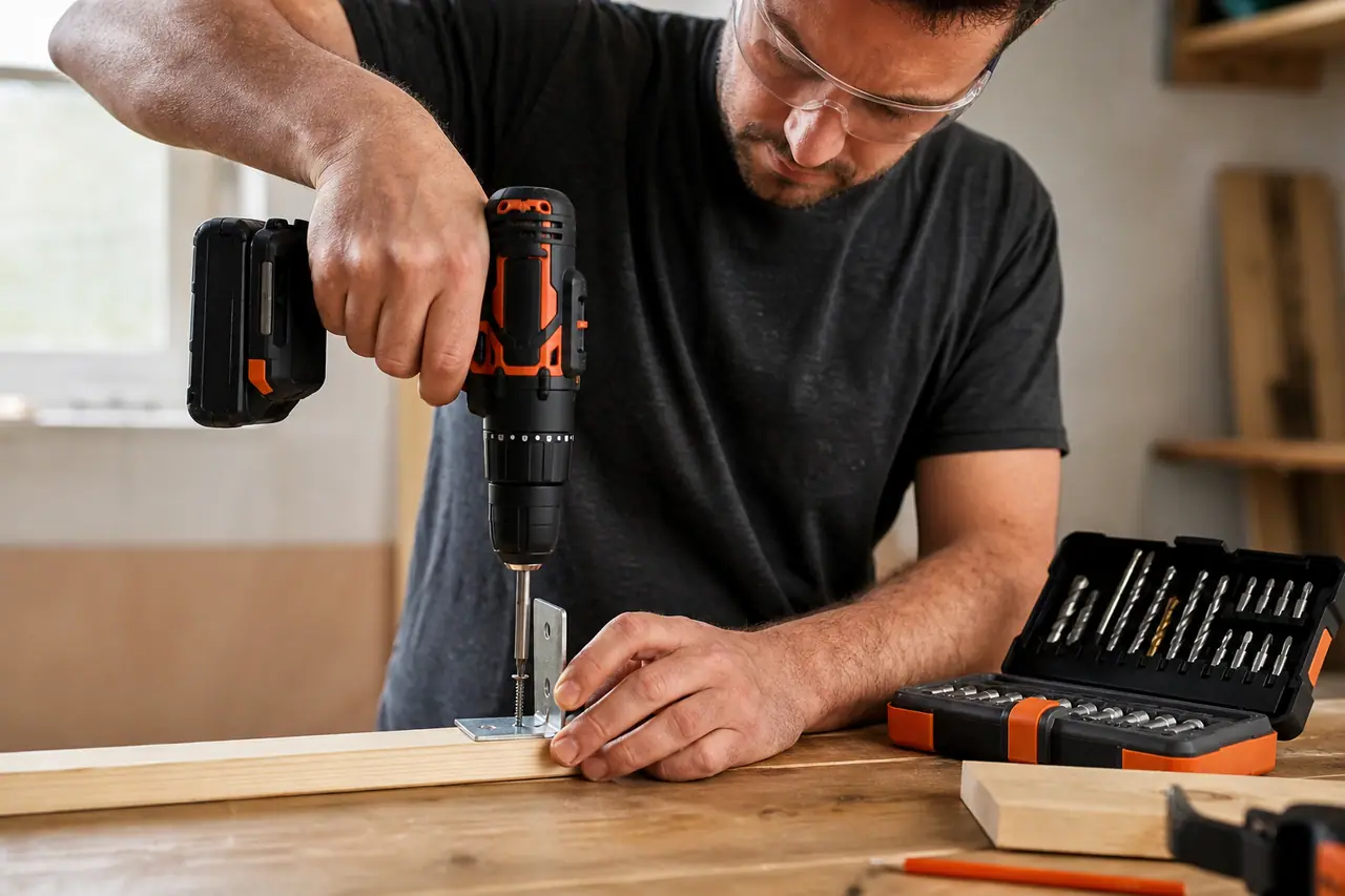 Perceuse-visseuse sans fil utilisée pour fixer une équerre sur un tasseau en bois.