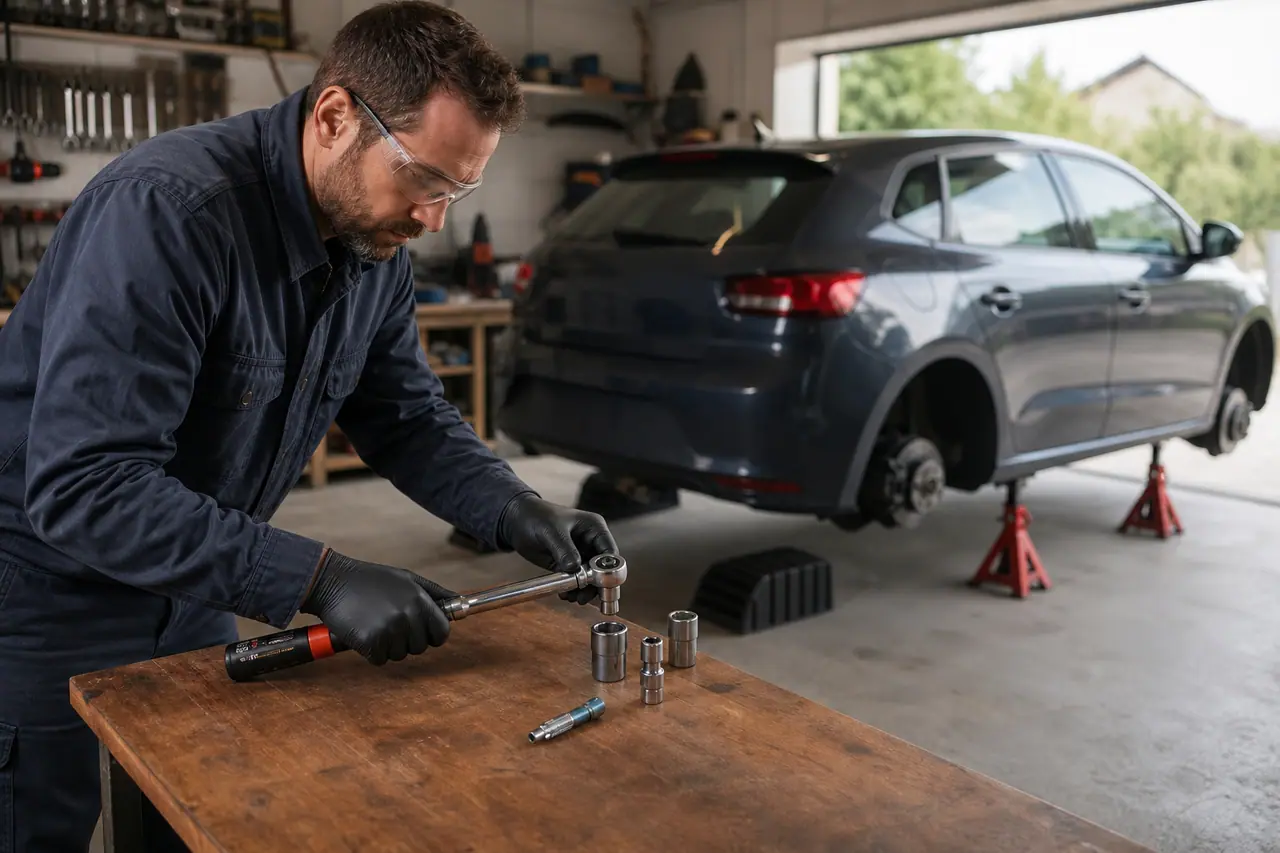Outillage automobile rangé sur établi devant voiture calée dans un garage sécurisé.