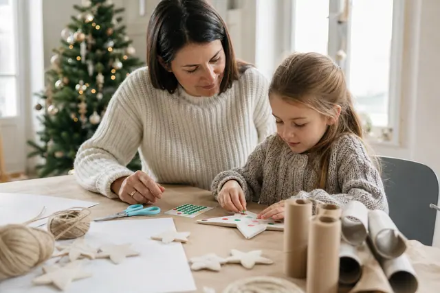 Enfant et parent fabriquant des étoiles de Noël en carton sur une table protégée.