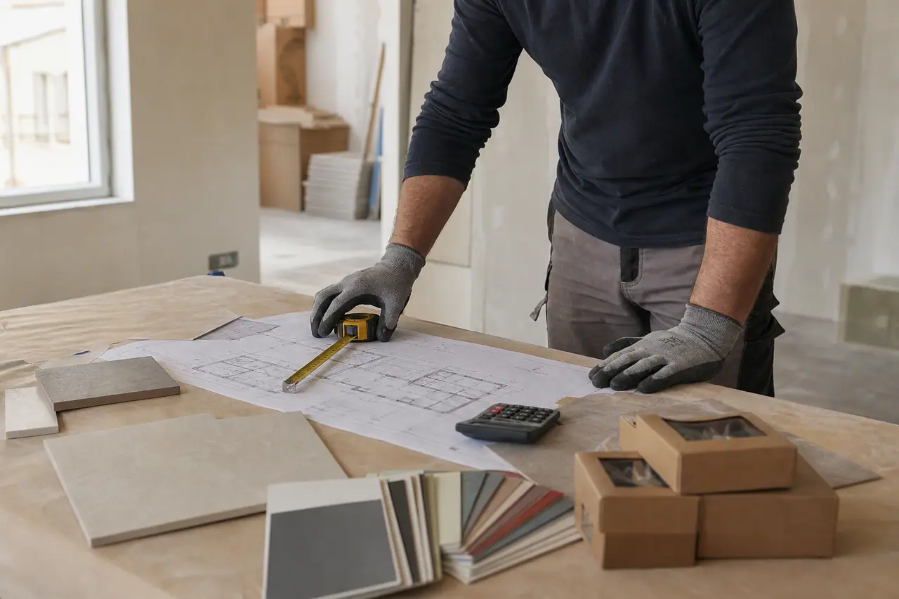 Particulier calcule ses quantités de rénovation avec plans et échantillons de matériaux.
