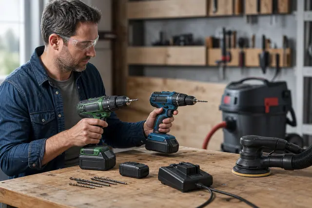 Bricoleur comparant deux perceuses sans fil sur un établi d’atelier équipé.