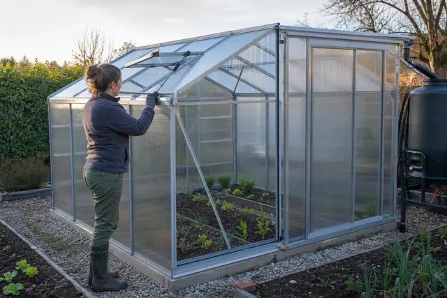 Jardinier réglant l’aération d’une serre en polycarbonate dans un potager ensoleillé.