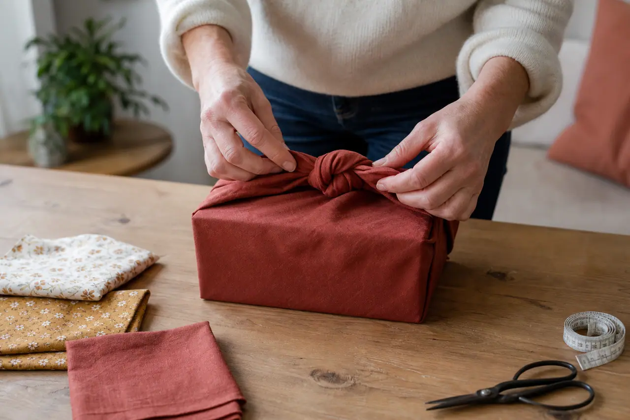 Nœud de tissu en coton autour d’une boîte cadeau sur table en bois.