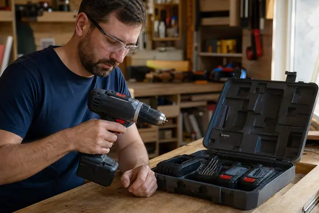 Perceuse-visseuse sans fil et coffret complet posés sur un établi d’atelier.