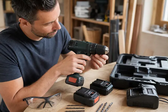 Perceuse-visseuse sans fil avec batteries et chargeur sur un établi en bois.
