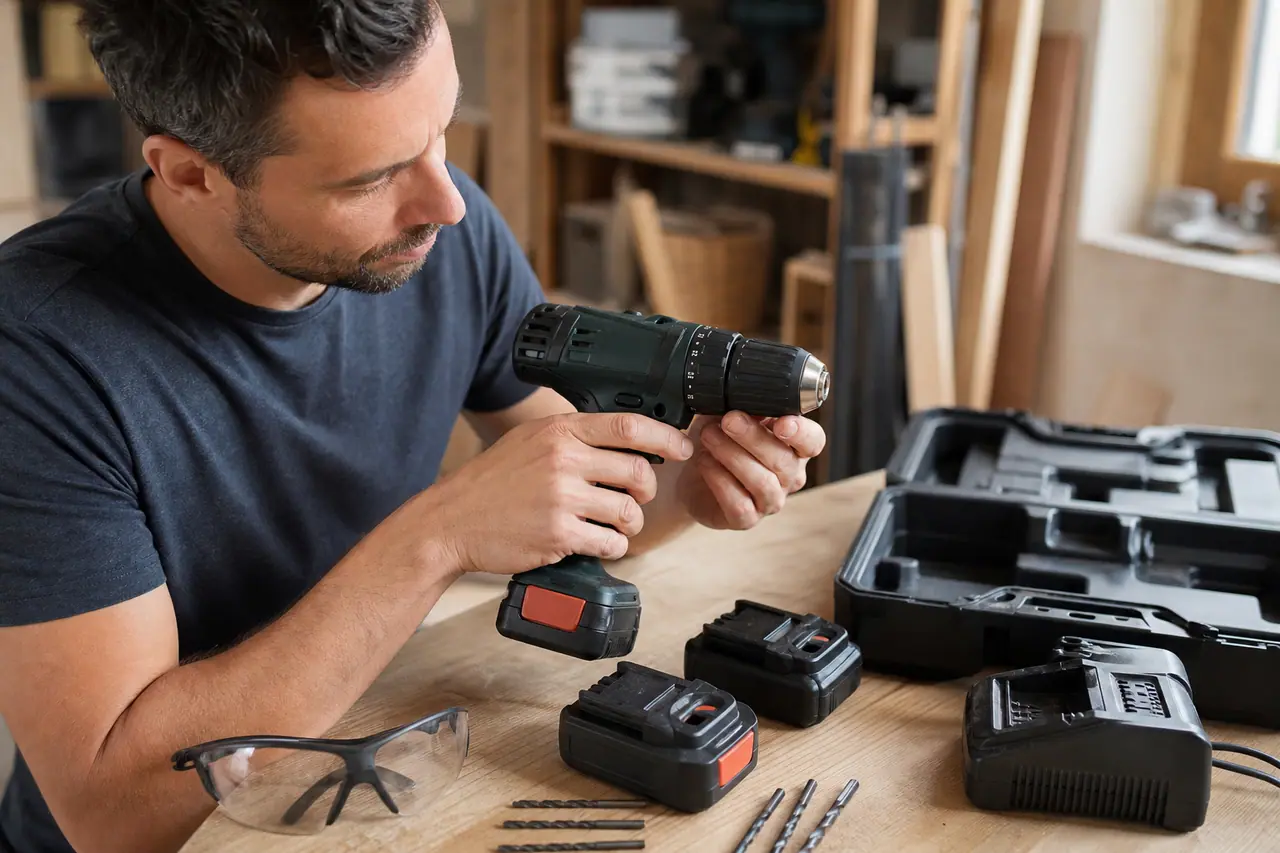 Perceuse-visseuse sans fil avec batteries et chargeur sur un établi en bois.