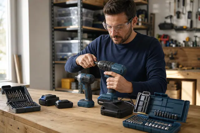 Outils sans fil et batteries rangés sur un établi d’atelier domestique.
