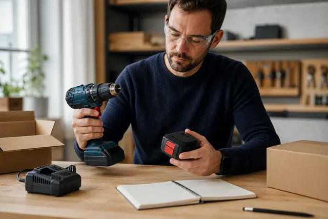 Perceuse sans fil, batterie et chargeur comparés sur un établi d’atelier
