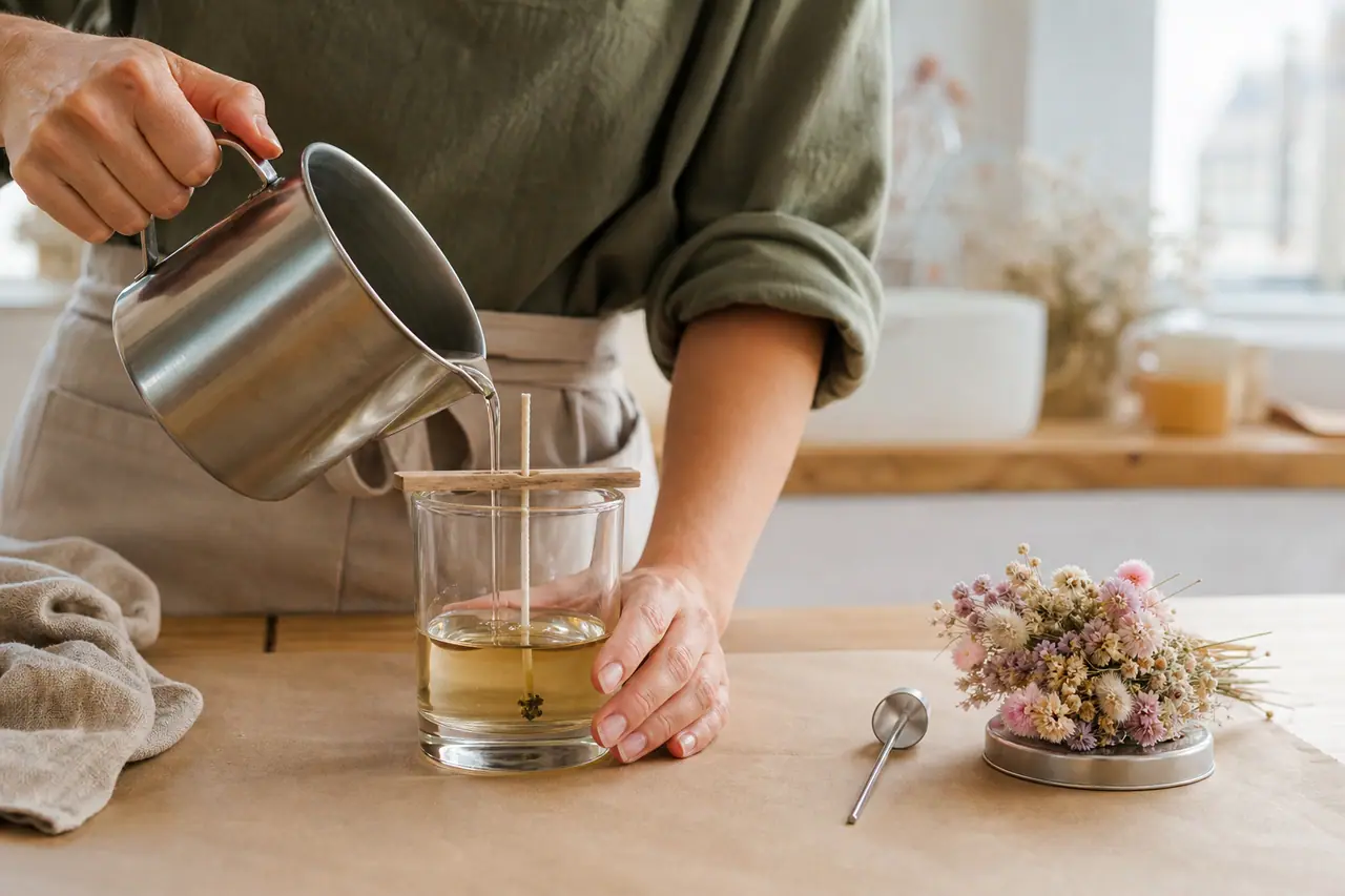Bougie en verre parfumée et décor floral amovible posé sur son couvercle