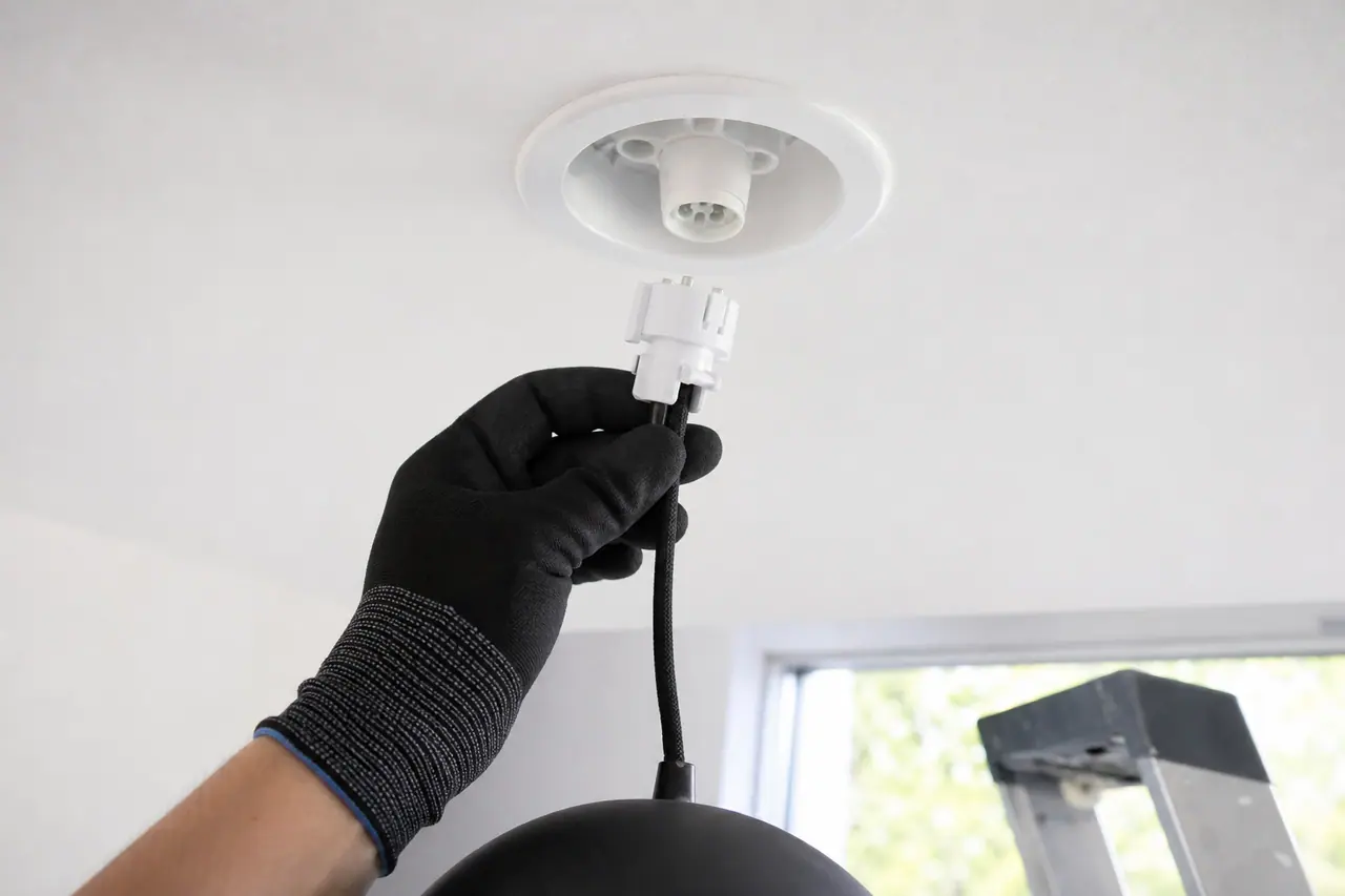 Fiche DCL raccordée à une suspension, prête à être clipsée dans la douille du plafond