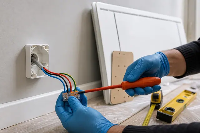 Mains gantées raccordant les fils d’un radiateur électrique dans une boîte de connexion murale