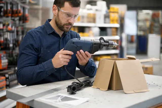 Bricoleur vérifiant une perceuse filaire avant achat dans un rayon outillage.