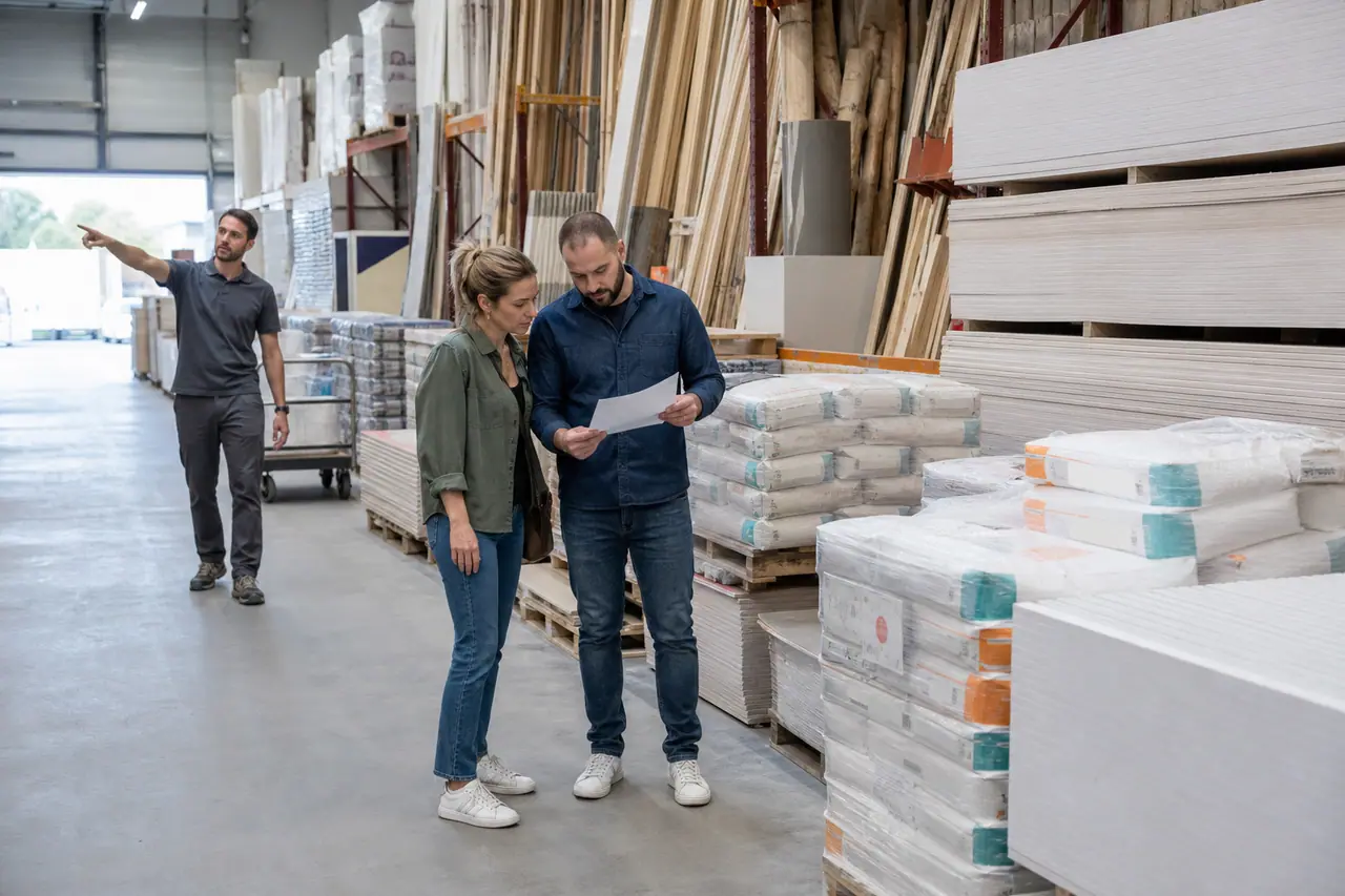 Couple comparant des matériaux de rénovation dans un dépôt de bricolage.