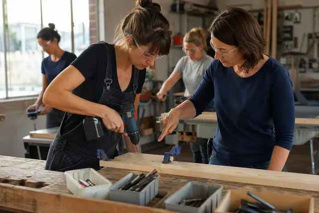 Débutante utilisant une perceuse-visseuse sur une planche maintenue par serre-joints.