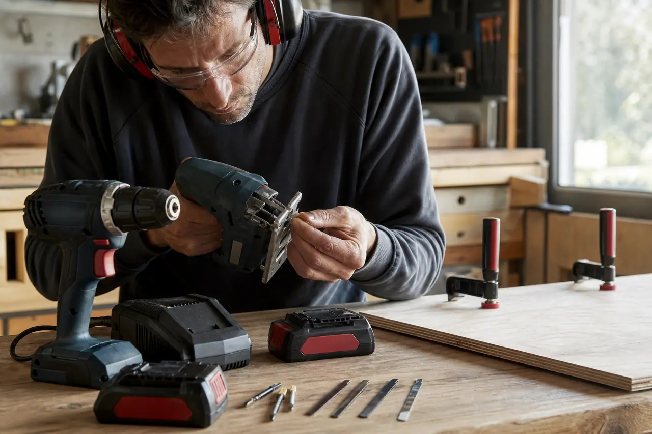 Outils sans fil, batteries et accessoires rangés sur un établi en bois.
