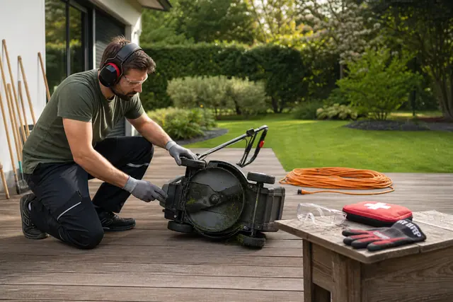 Jardinier équipé contrôlant une tondeuse débranchée avant de tondre son jardin.