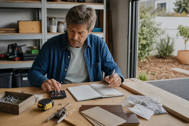 Budget de travaux préparé sur établi avec outils et jardin visible