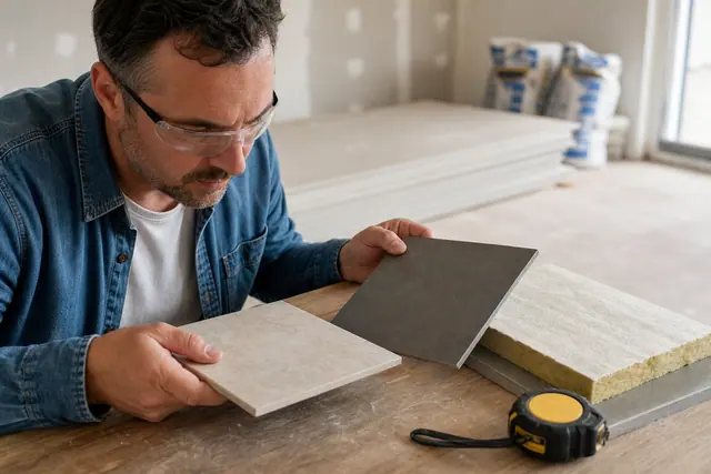 Particulier comparant isolant, carrelage et métrés pour préparer un budget travaux.