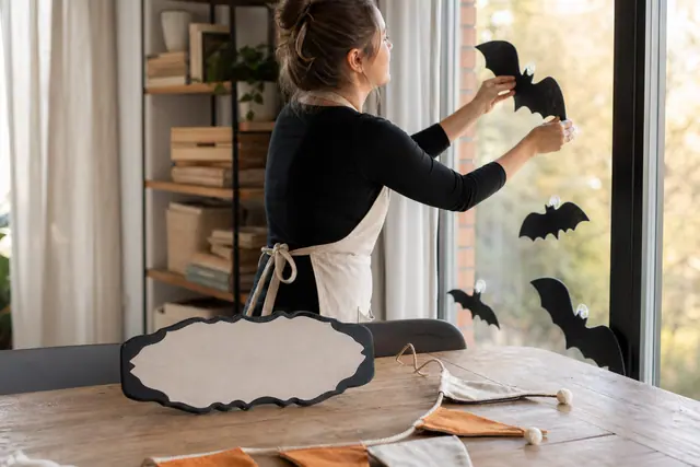 Personne installant des silhouettes en feutre sur une fenêtre avec ventouses réutilisables.