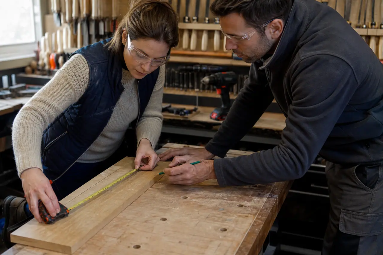 Débutante mesurant une planche avec un conseiller dans un atelier de magasin.
