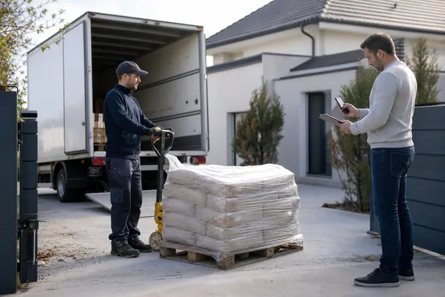 Palette de matériaux déposée devant un garage sur une allée plane