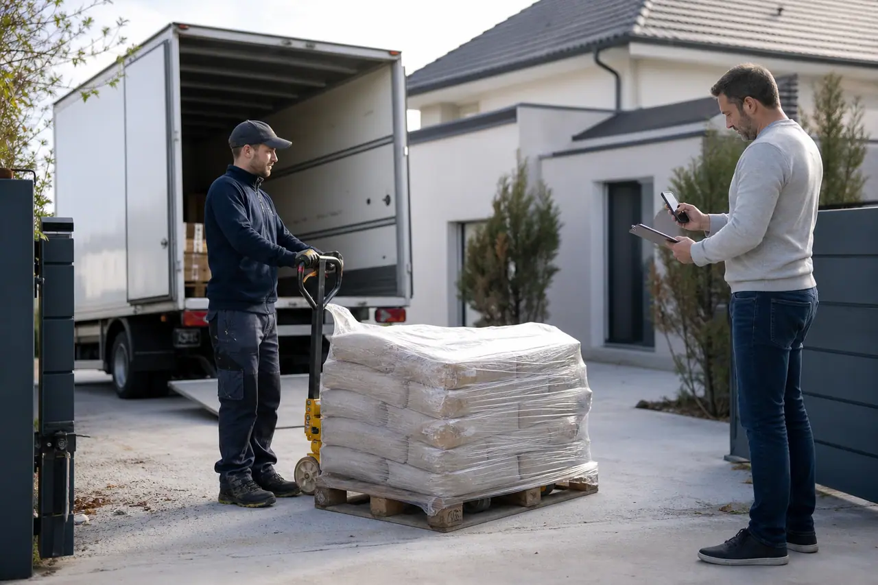Palette de matériaux déposée devant un garage sur une allée plane