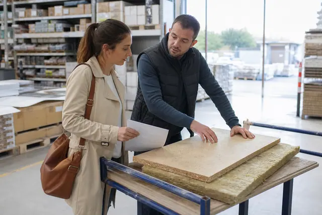 Cliente compare des matériaux avec un conseiller dans un magasin de bricolage.