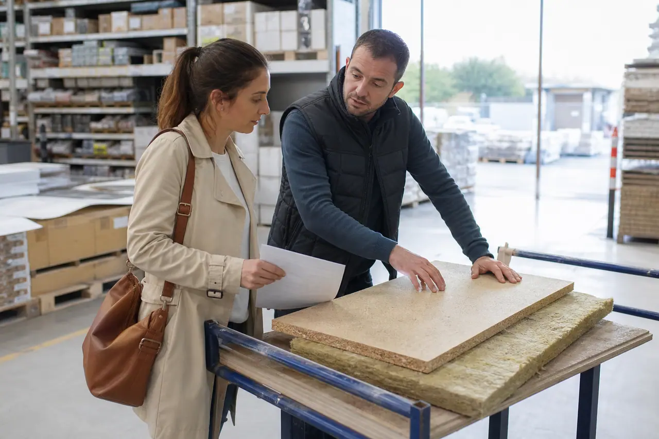 Cliente compare des matériaux avec un conseiller dans un magasin de bricolage.