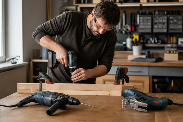 Trois outils électroportatifs posés sur un établi avec perceuse en cours de réglage.