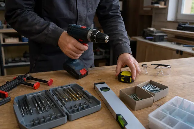 Bricoleur débutant organisant outils, lunettes et mètre sur un établi