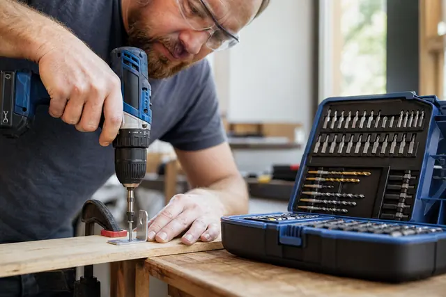 Perceuse-visseuse compacte et embouts rangés sur un établi en bois.