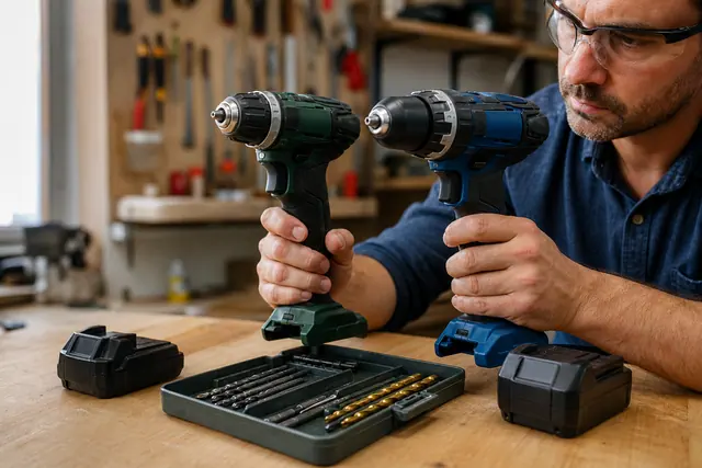 Deux perceuses-visseuses vertes et bleues comparées sur un établi d’atelier.