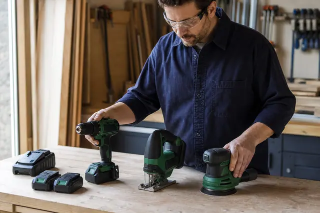 Trois outils sans fil avec batteries rangés sur un établi en bois
