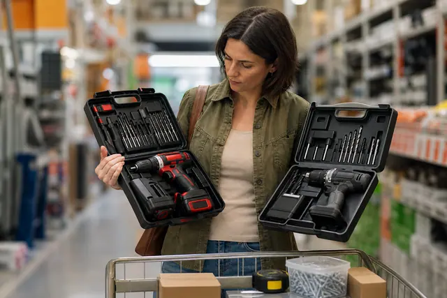 Bricoleuse comparant deux perceuses sans fil dans un rayon de bricolage