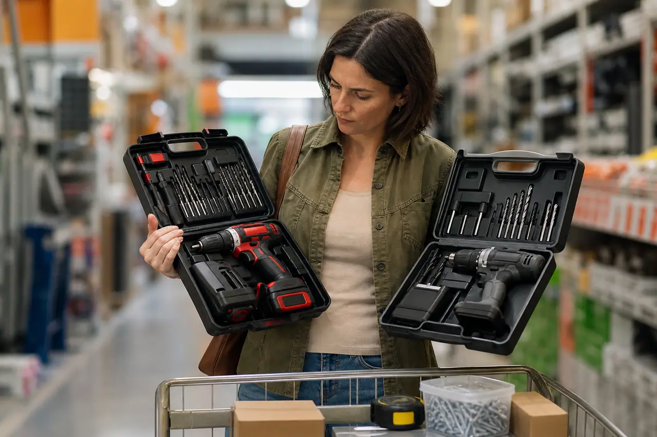 Bricoleuse comparant deux perceuses sans fil dans un rayon de bricolage