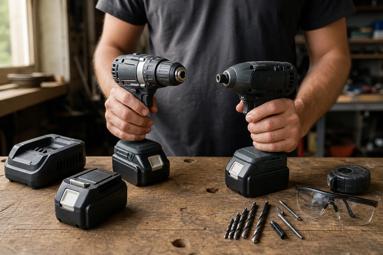 Outils sans fil et batteries comparés sur un établi d’atelier domestique.