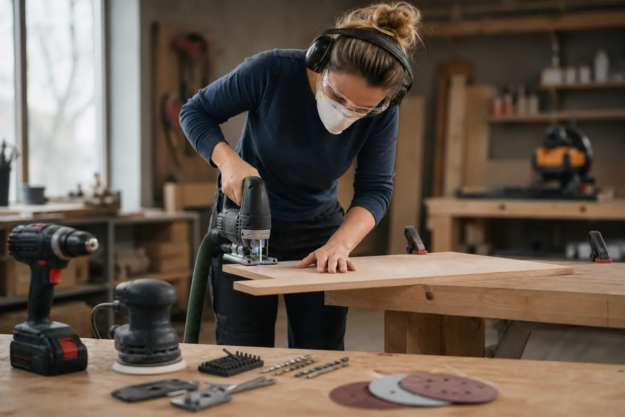 Bricoleuse protégée découpant un panneau fixé avec une scie sauteuse sur établi.