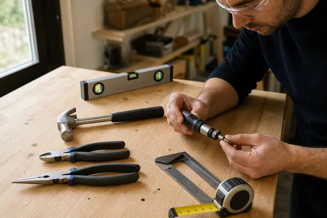 Trois ensembles d’outils débutant rangés sur un établi de maison