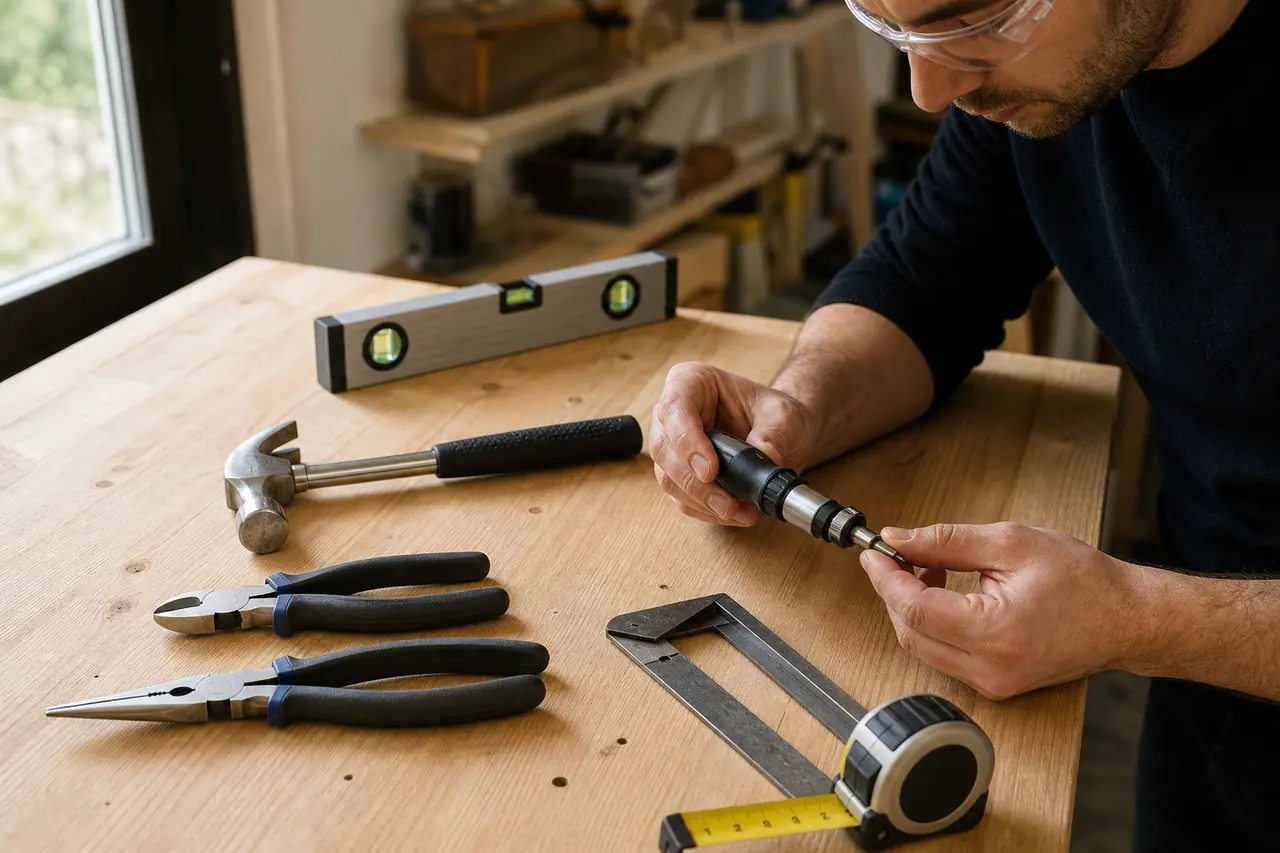 Trois ensembles d’outils débutant rangés sur un établi de maison