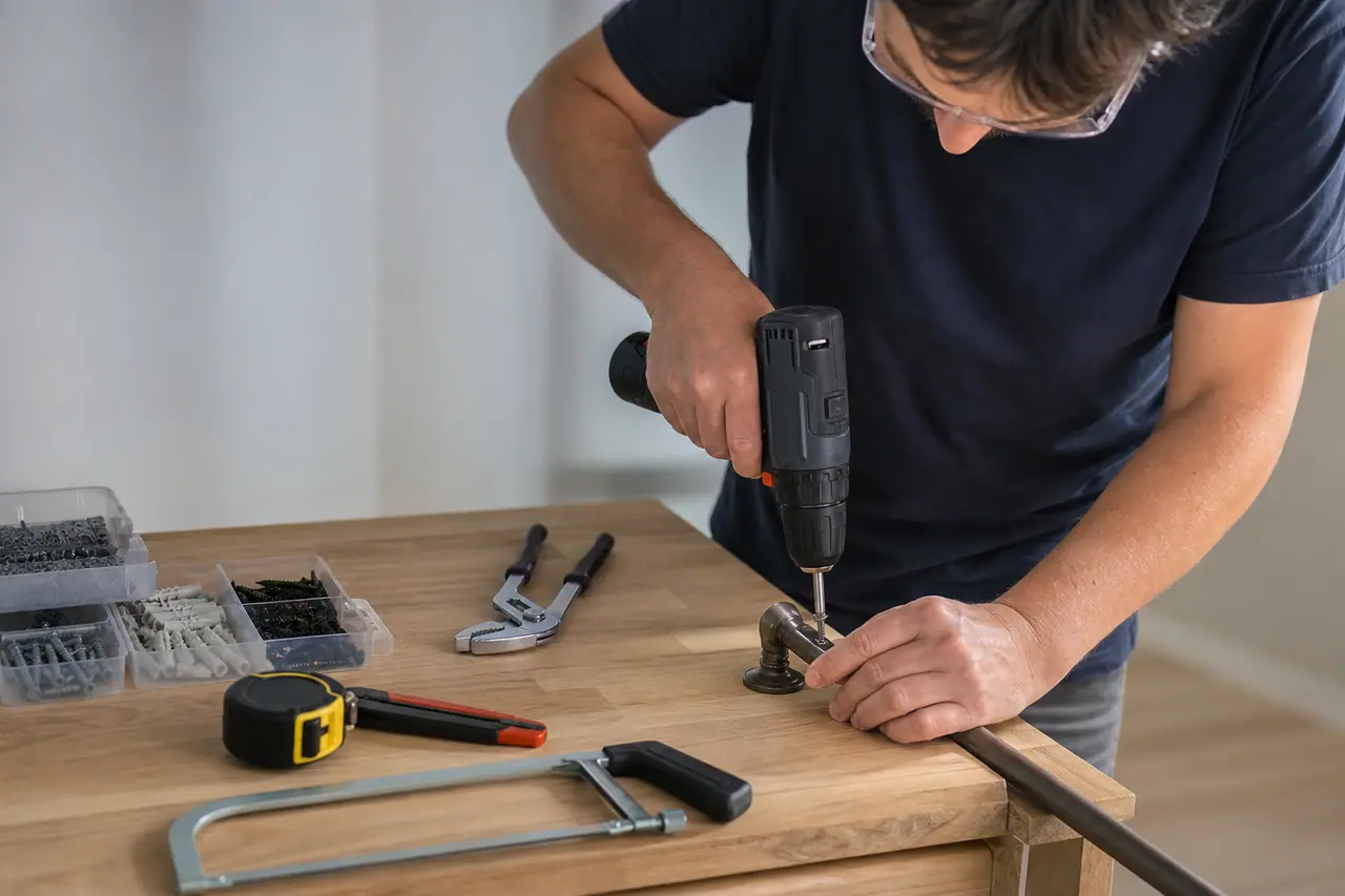 Trois outils essentiels posés près d’une tringle en cours de fixation