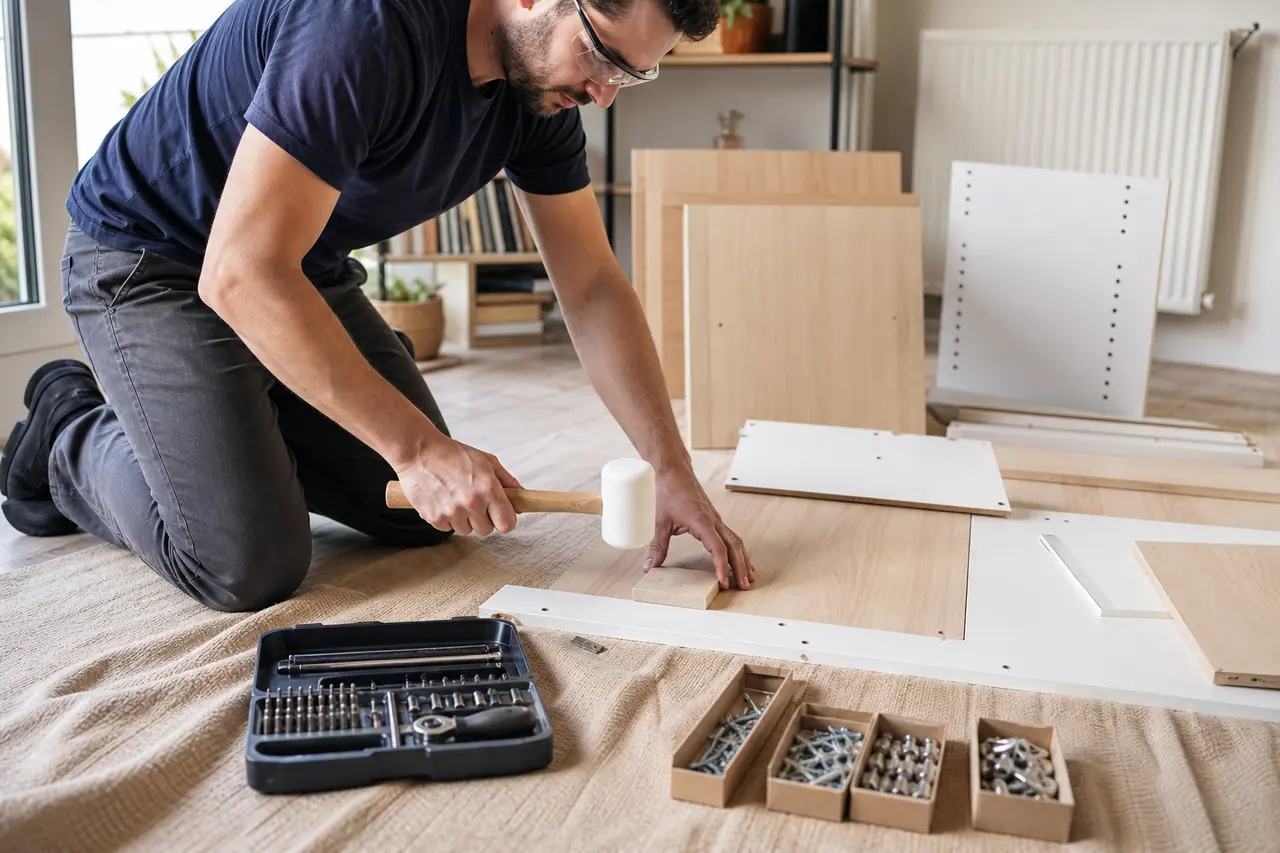 Montage soigné d’un meuble en kit avec maillet, tournevis et équerre.