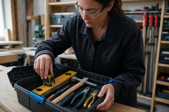 Outils manuels rangés dans une caisse sur un établi domestique.