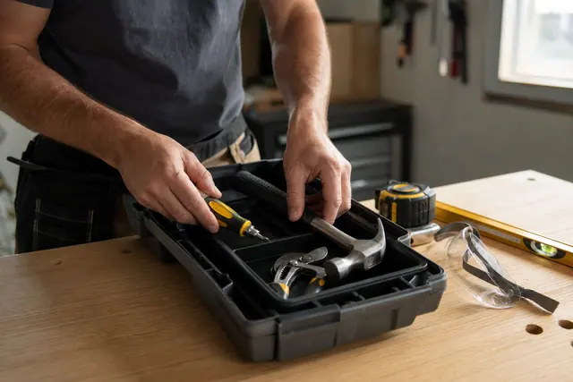 Boîte à outils compacte avec marteau, pince, tournevis et protections sur établi.