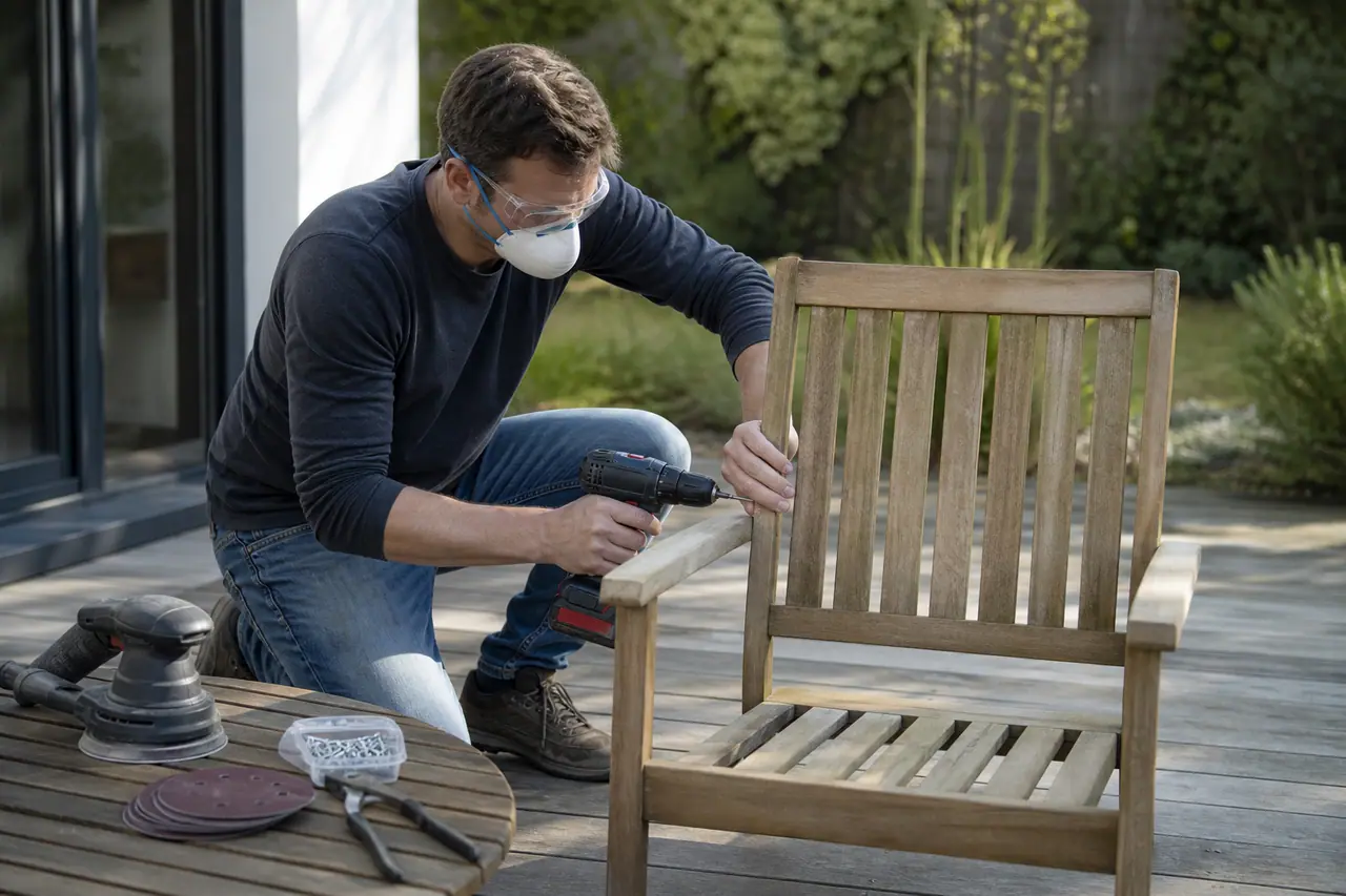 Bricoleur équipé réparant une chaise en bois sur une terrasse de jardin.